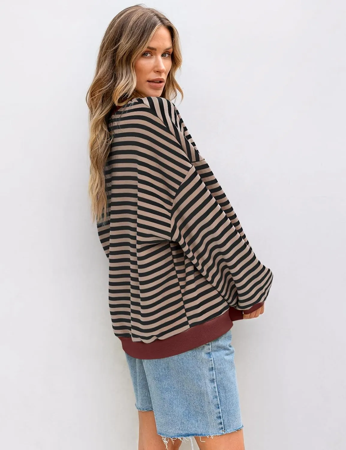 UEU Women Striped Oversized Sweatshirt Color Block Crewneck Long Sleeve Pullover Top Fashion Trendy Preppy Clothes