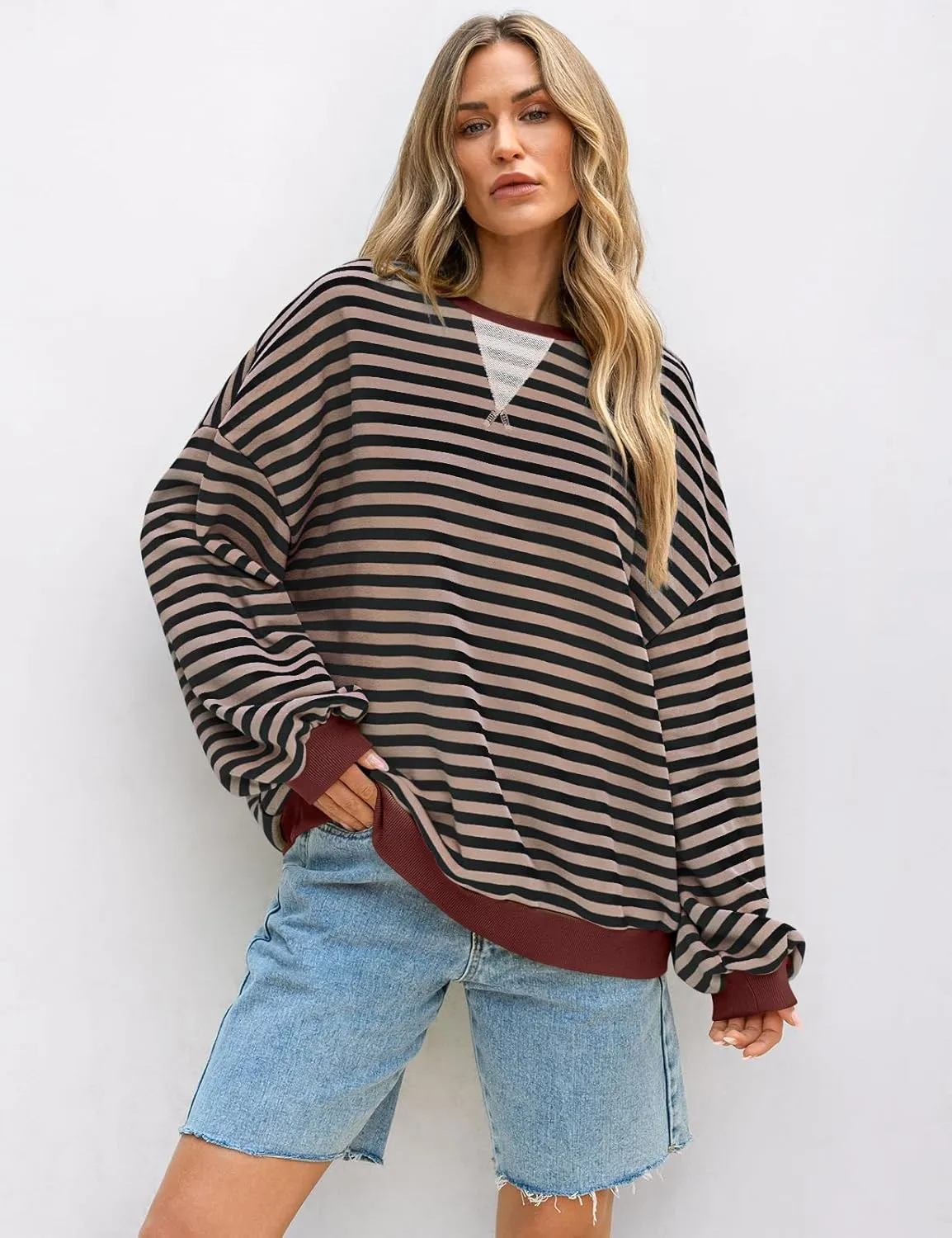 UEU Women Striped Oversized Sweatshirt Color Block Crewneck Long Sleeve Pullover Top Fashion Trendy Preppy Clothes