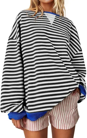 UEU Women Striped Oversized Sweatshirt Color Block Crewneck Long Sleeve Pullover Top Fashion Trendy Preppy Clothes