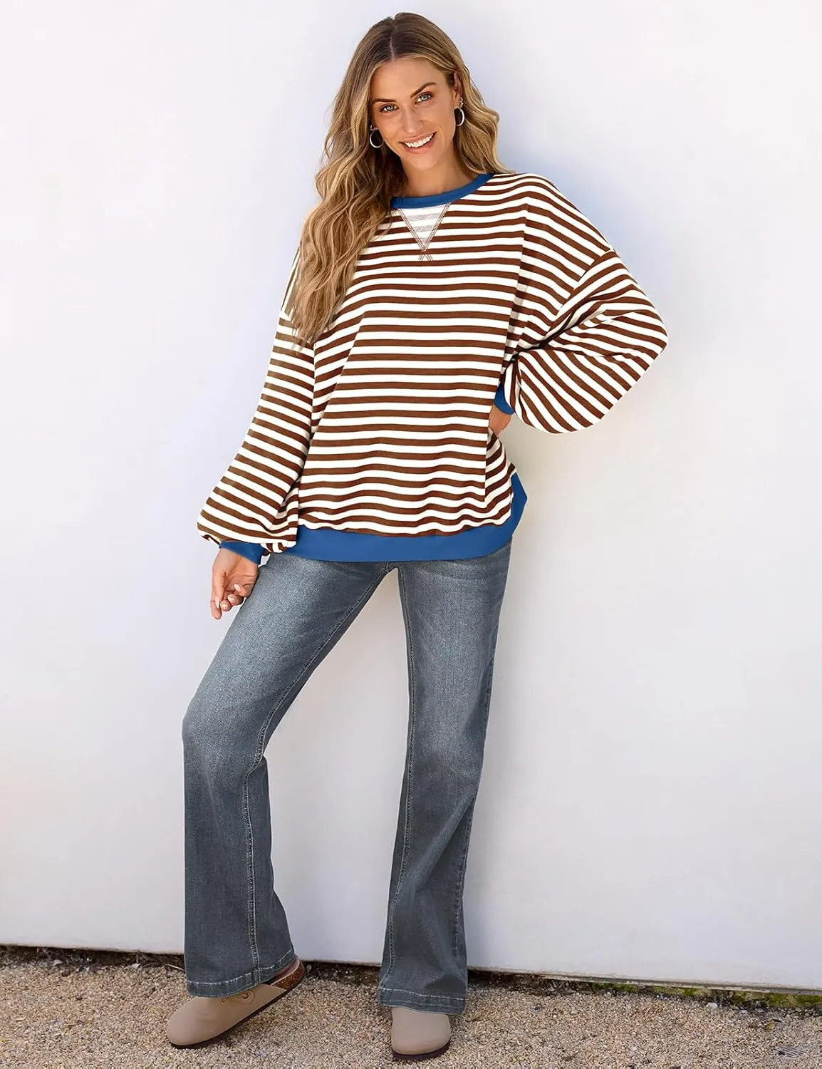 UEU Women Striped Oversized Sweatshirt Color Block Crewneck Long Sleeve Pullover Top Fashion Trendy Preppy Clothes