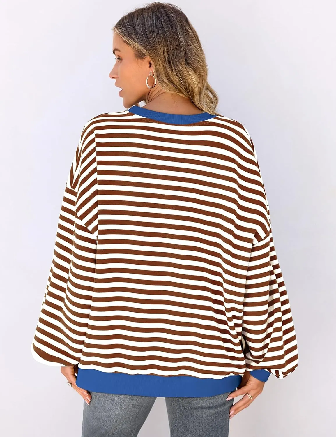 UEU Women Striped Oversized Sweatshirt Color Block Crewneck Long Sleeve Pullover Top Fashion Trendy Preppy Clothes