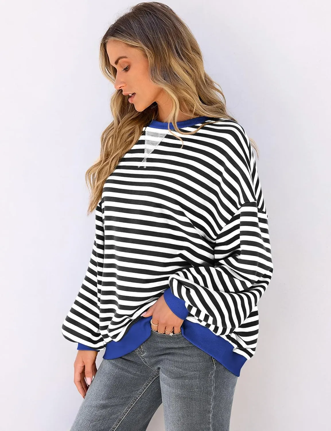 UEU Women Striped Oversized Sweatshirt Color Block Crewneck Long Sleeve Pullover Top Fashion Trendy Preppy Clothes