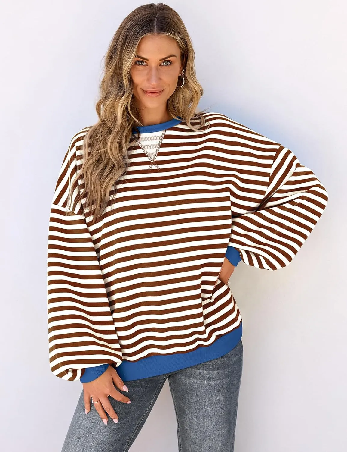 UEU Women Striped Oversized Sweatshirt Color Block Crewneck Long Sleeve Pullover Top Fashion Trendy Preppy Clothes