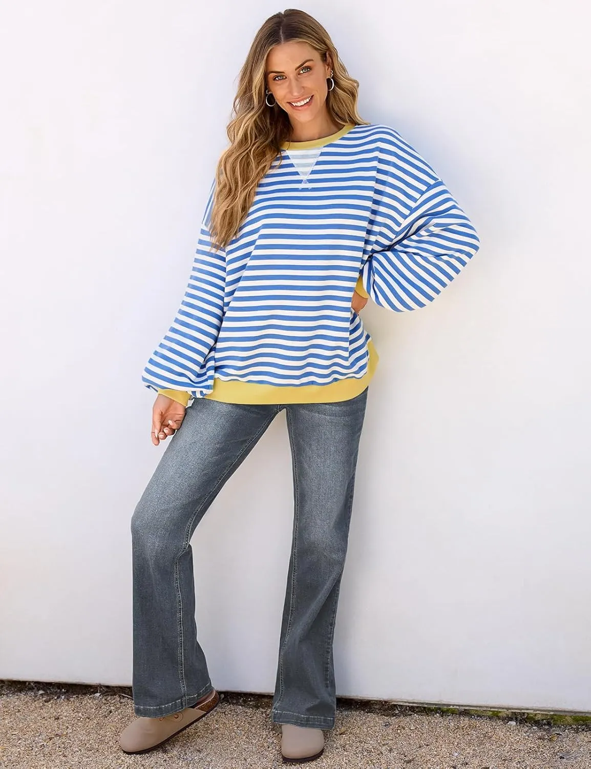 UEU Women Striped Oversized Sweatshirt Color Block Crewneck Long Sleeve Pullover Top Fashion Trendy Preppy Clothes