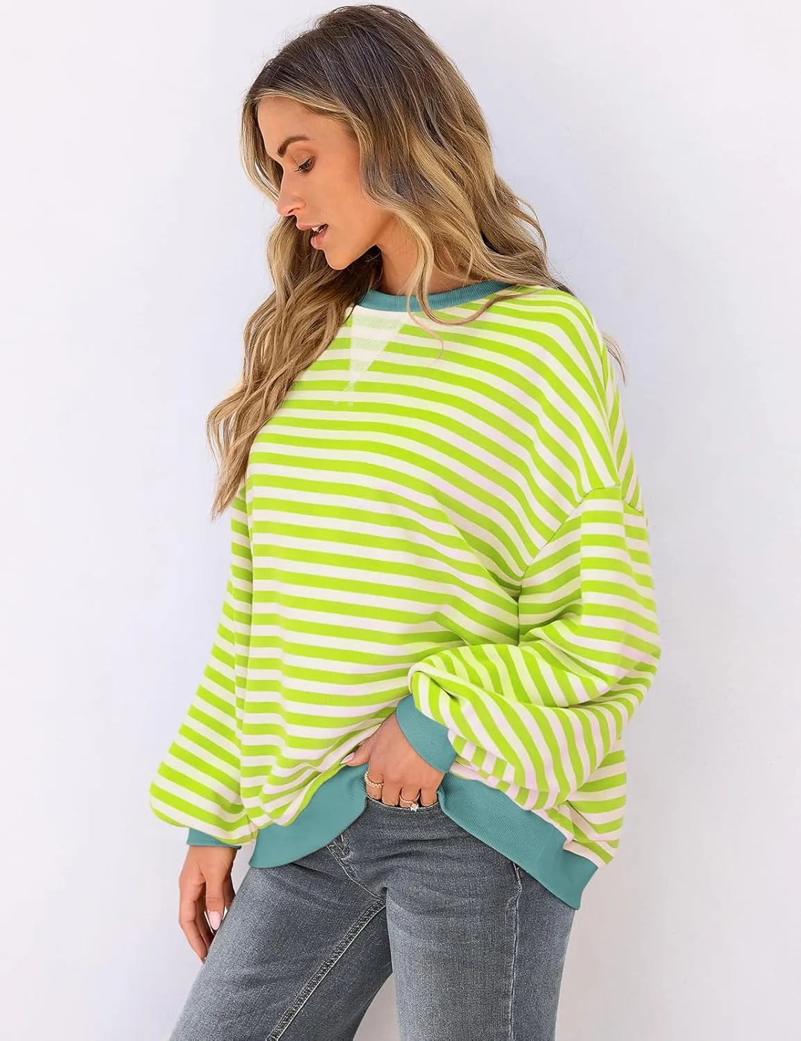 UEU Women Striped Oversized Sweatshirt Color Block Crewneck Long Sleeve Pullover Top Fashion Trendy Preppy Clothes
