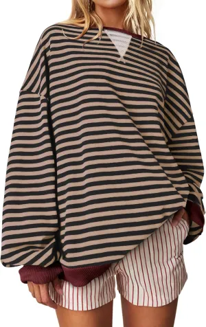 UEU Women Striped Oversized Sweatshirt Color Block Crewneck Long Sleeve Pullover Top Fashion Trendy Preppy Clothes