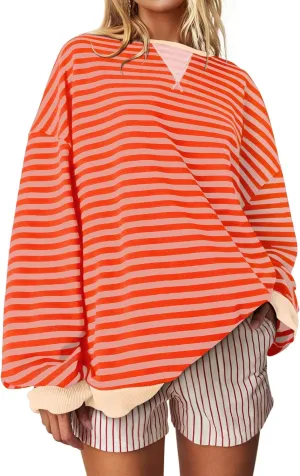 UEU Women Striped Oversized Sweatshirt Color Block Crewneck Long Sleeve Pullover Top Fashion Trendy Preppy Clothes