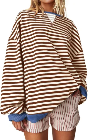 UEU Women Striped Oversized Sweatshirt Color Block Crewneck Long Sleeve Pullover Top Fashion Trendy Preppy Clothes