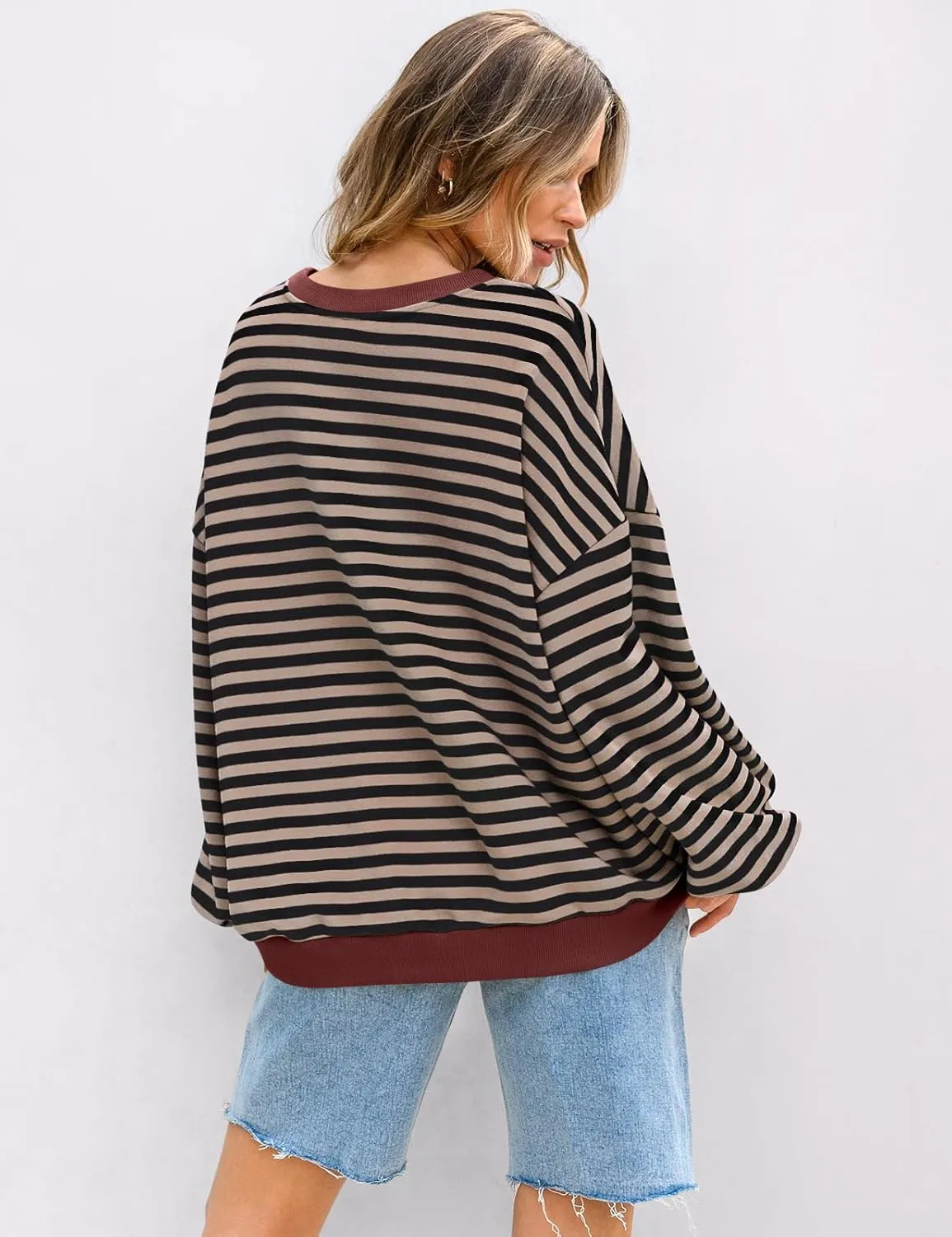 UEU Women Striped Oversized Sweatshirt Color Block Crewneck Long Sleeve Pullover Top Fashion Trendy Preppy Clothes