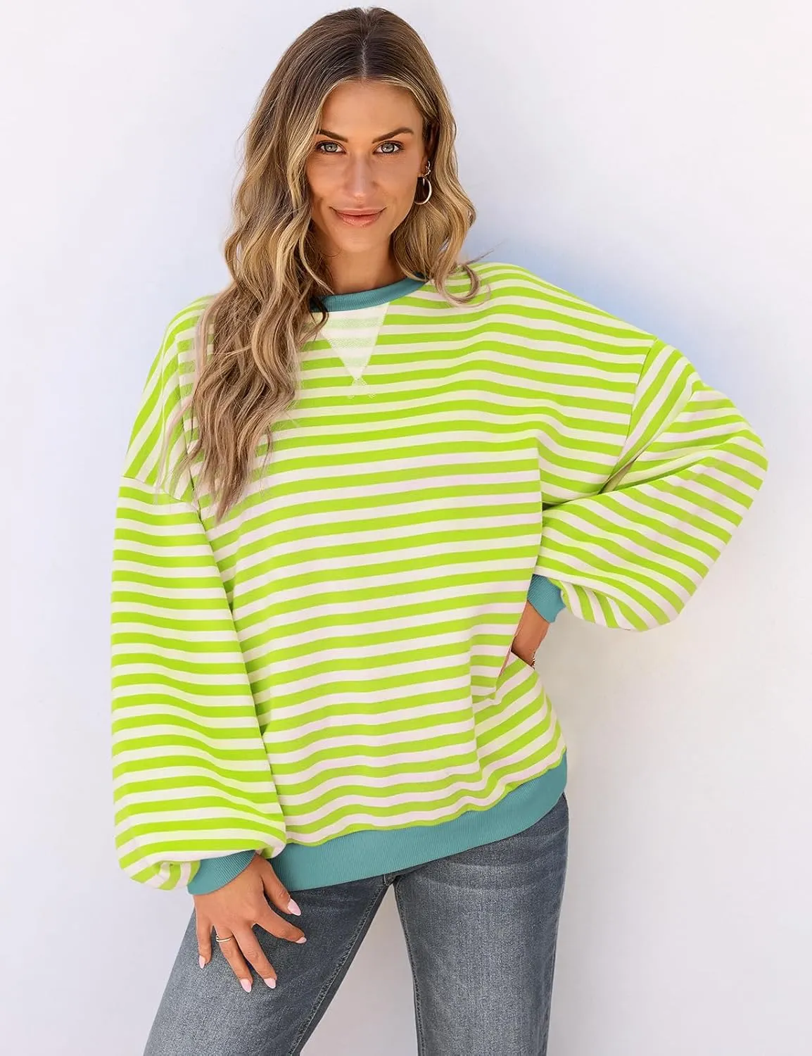 UEU Women Striped Oversized Sweatshirt Color Block Crewneck Long Sleeve Pullover Top Fashion Trendy Preppy Clothes
