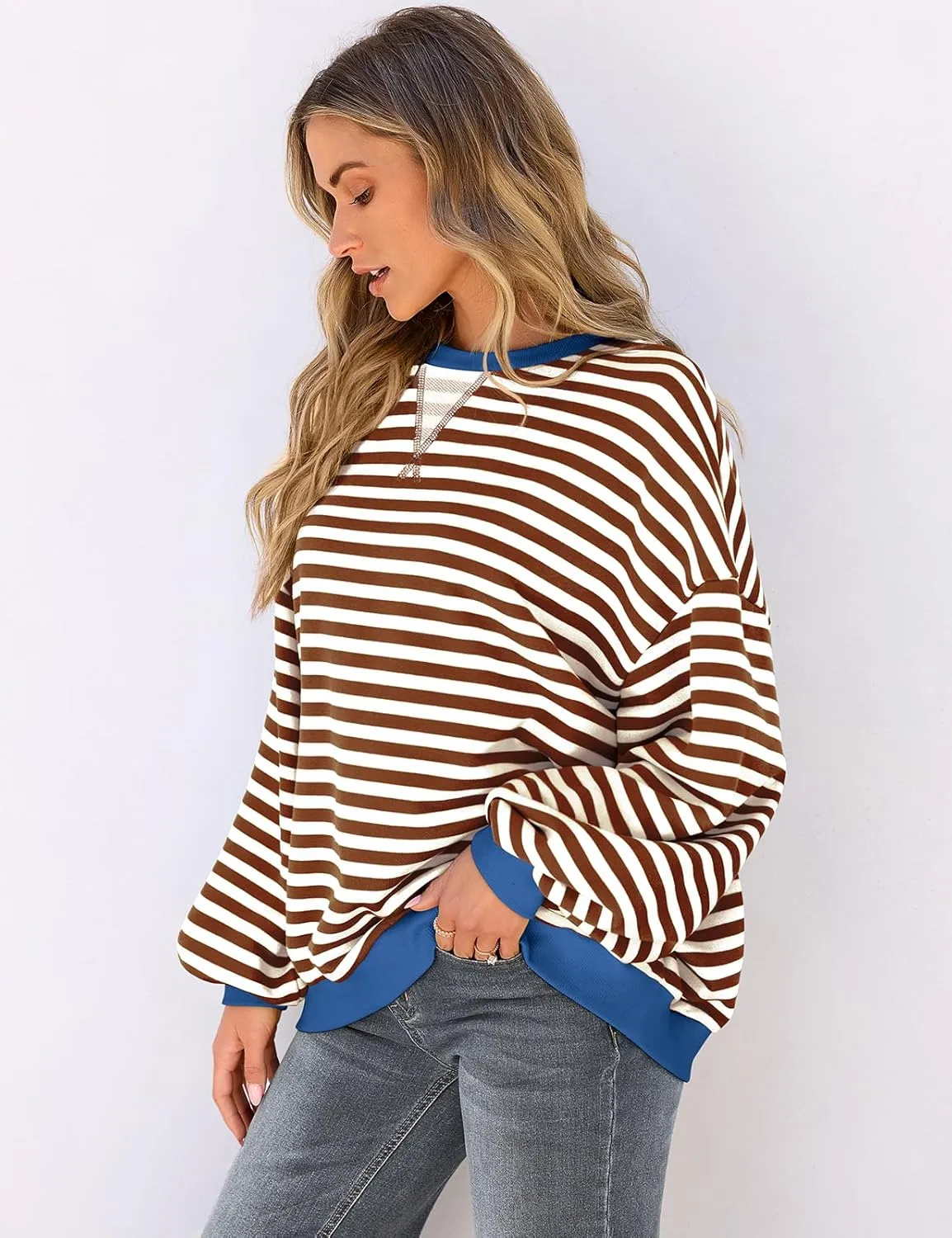 UEU Women Striped Oversized Sweatshirt Color Block Crewneck Long Sleeve Pullover Top Fashion Trendy Preppy Clothes