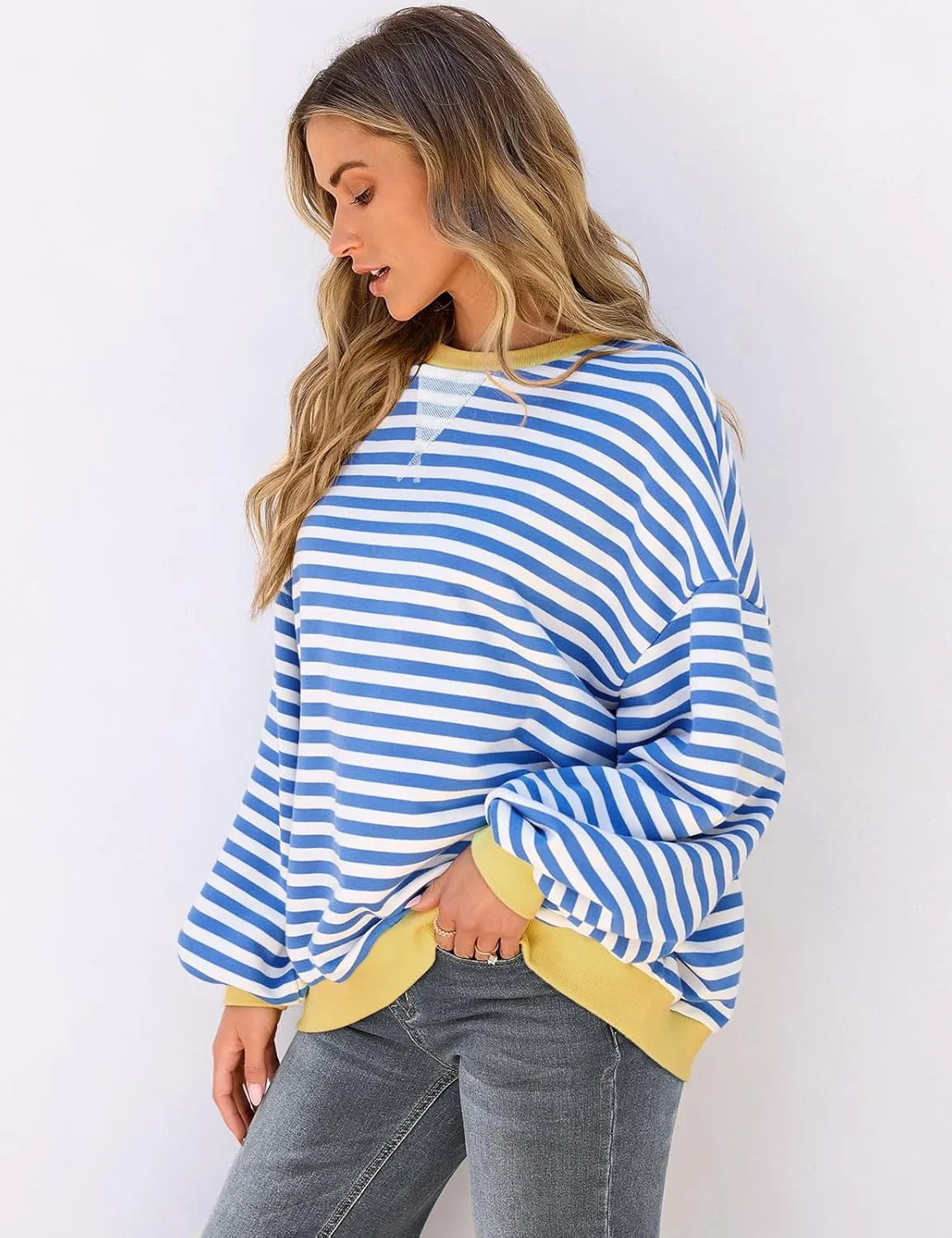 UEU Women Striped Oversized Sweatshirt Color Block Crewneck Long Sleeve Pullover Top Fashion Trendy Preppy Clothes
