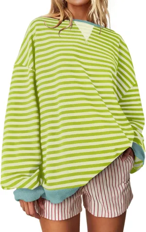 UEU Women Striped Oversized Sweatshirt Color Block Crewneck Long Sleeve Pullover Top Fashion Trendy Preppy Clothes