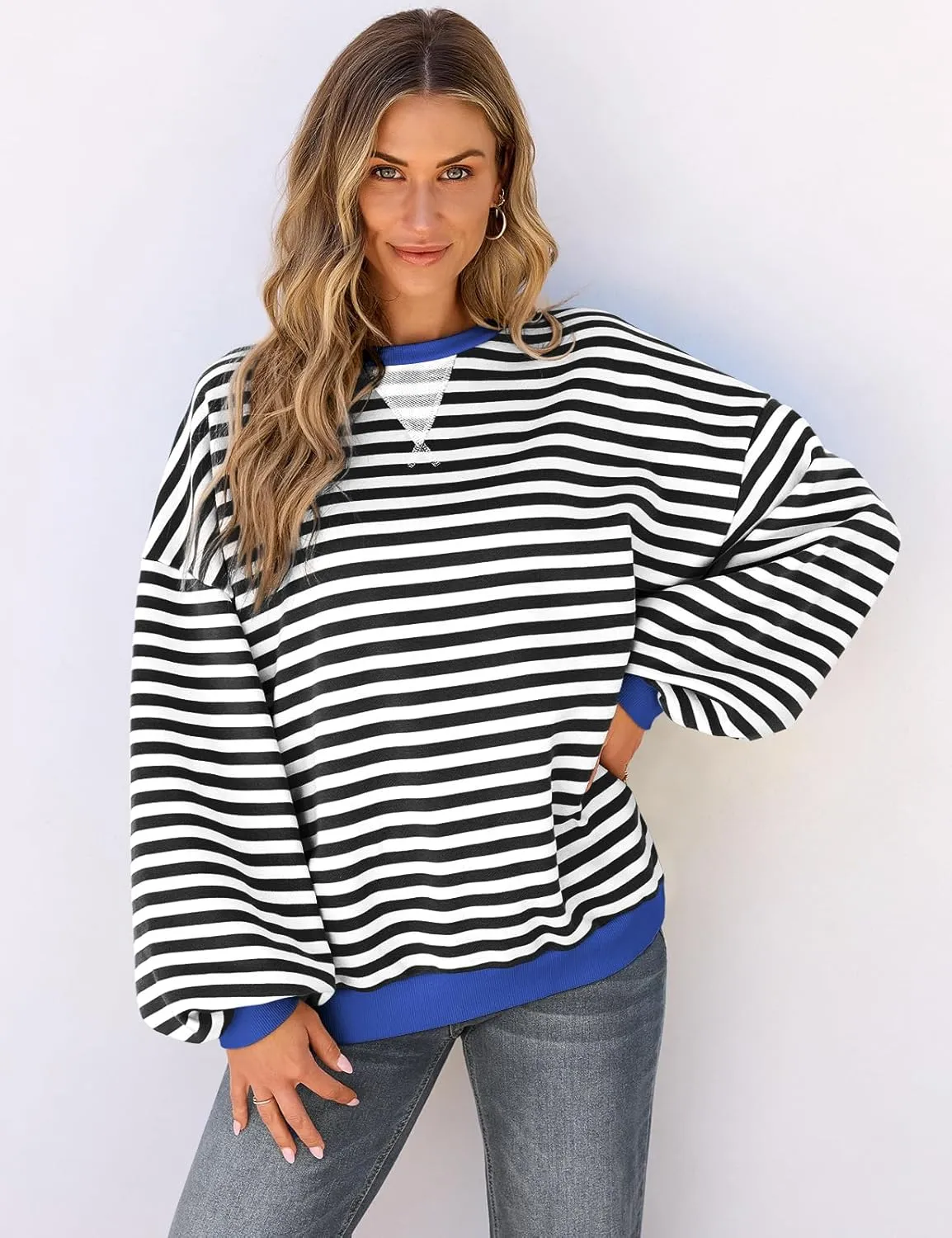 UEU Women Striped Oversized Sweatshirt Color Block Crewneck Long Sleeve Pullover Top Fashion Trendy Preppy Clothes