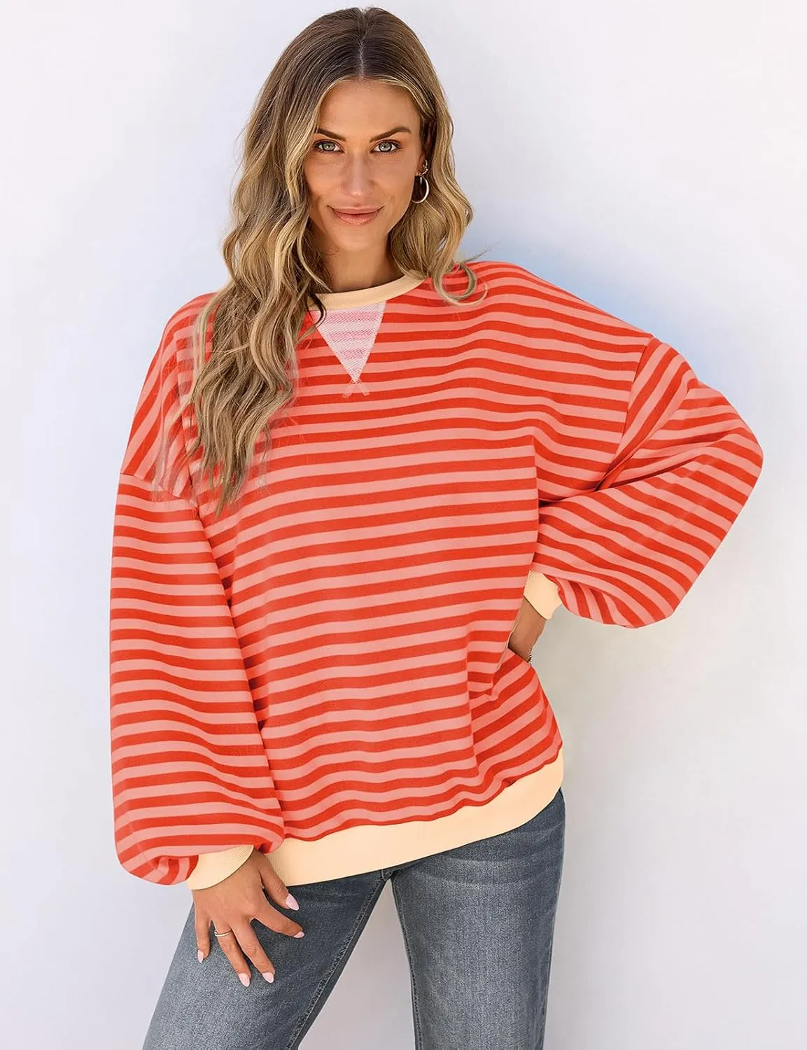 UEU Women Striped Oversized Sweatshirt Color Block Crewneck Long Sleeve Pullover Top Fashion Trendy Preppy Clothes
