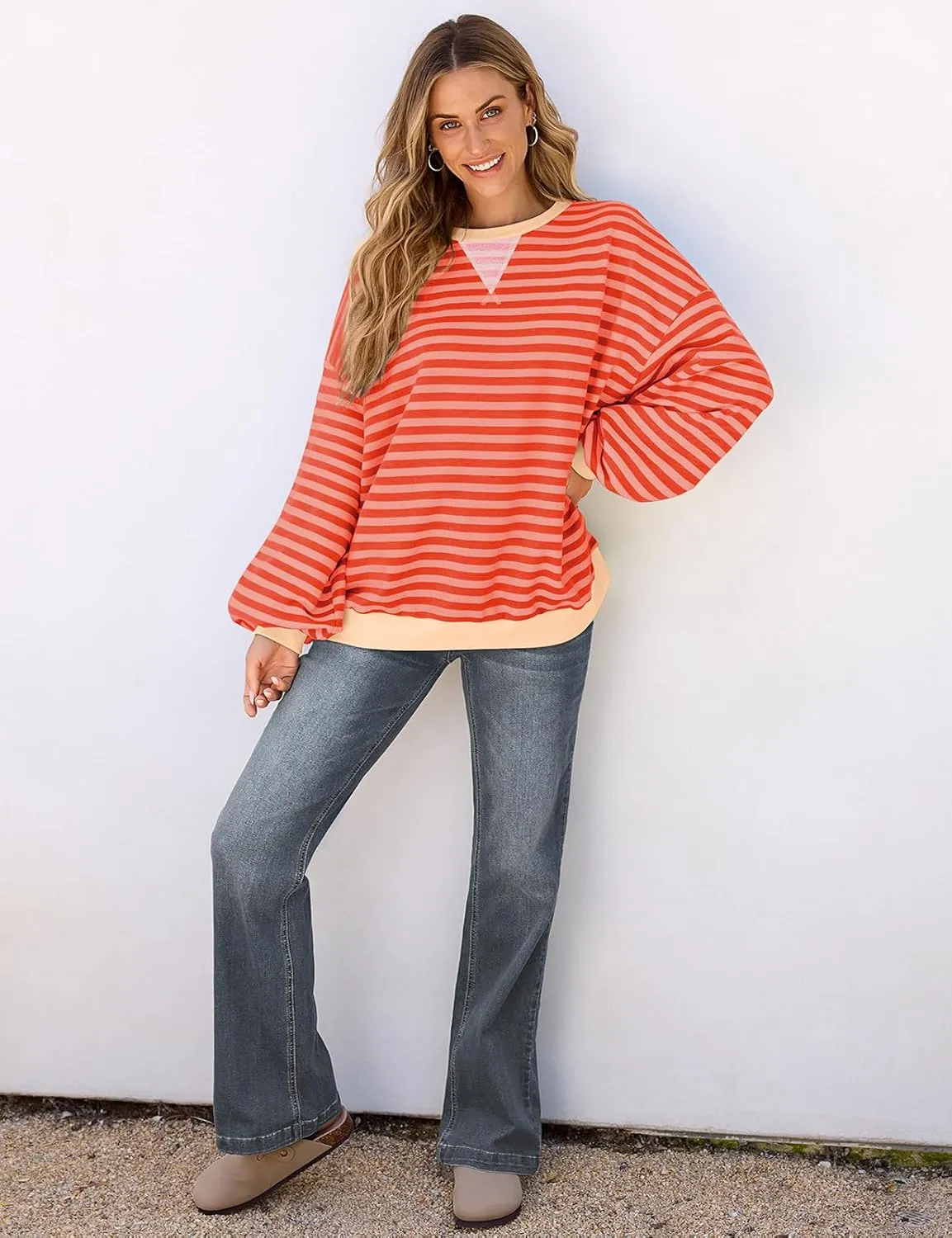 UEU Women Striped Oversized Sweatshirt Color Block Crewneck Long Sleeve Pullover Top Fashion Trendy Preppy Clothes