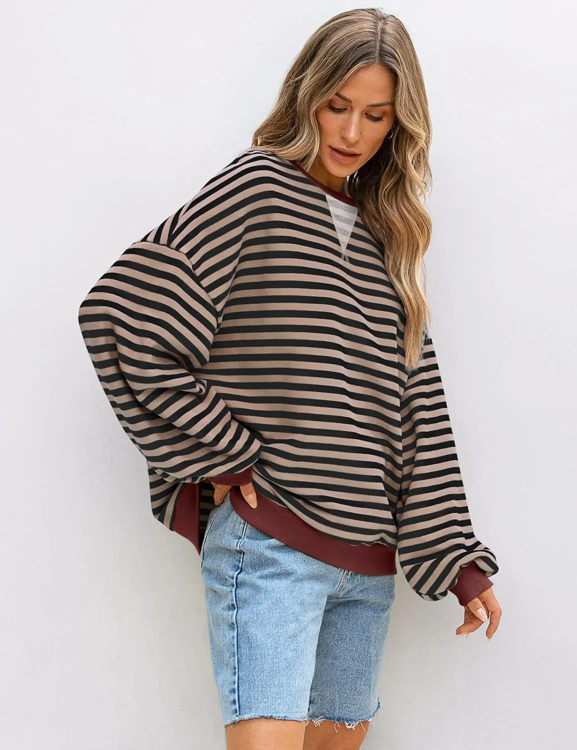 UEU Women Striped Oversized Sweatshirt Color Block Crewneck Long Sleeve Pullover Top Fashion Trendy Preppy Clothes