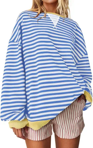 UEU Women Striped Oversized Sweatshirt Color Block Crewneck Long Sleeve Pullover Top Fashion Trendy Preppy Clothes