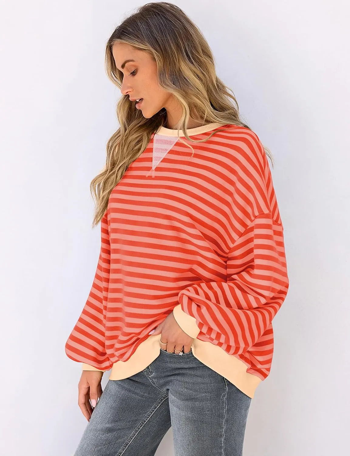 UEU Women Striped Oversized Sweatshirt Color Block Crewneck Long Sleeve Pullover Top Fashion Trendy Preppy Clothes