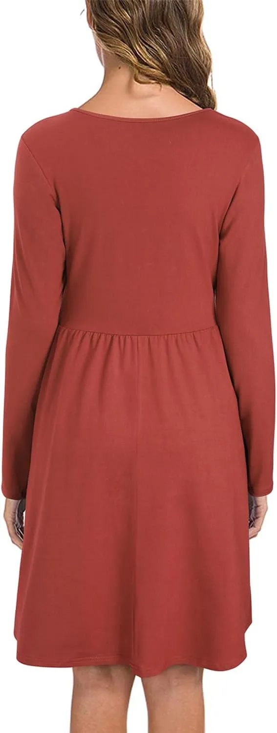 ULTRANICE Women's Fall Casual Long Sleeve Dresses V Neck Swing Midi Dress with Pockets