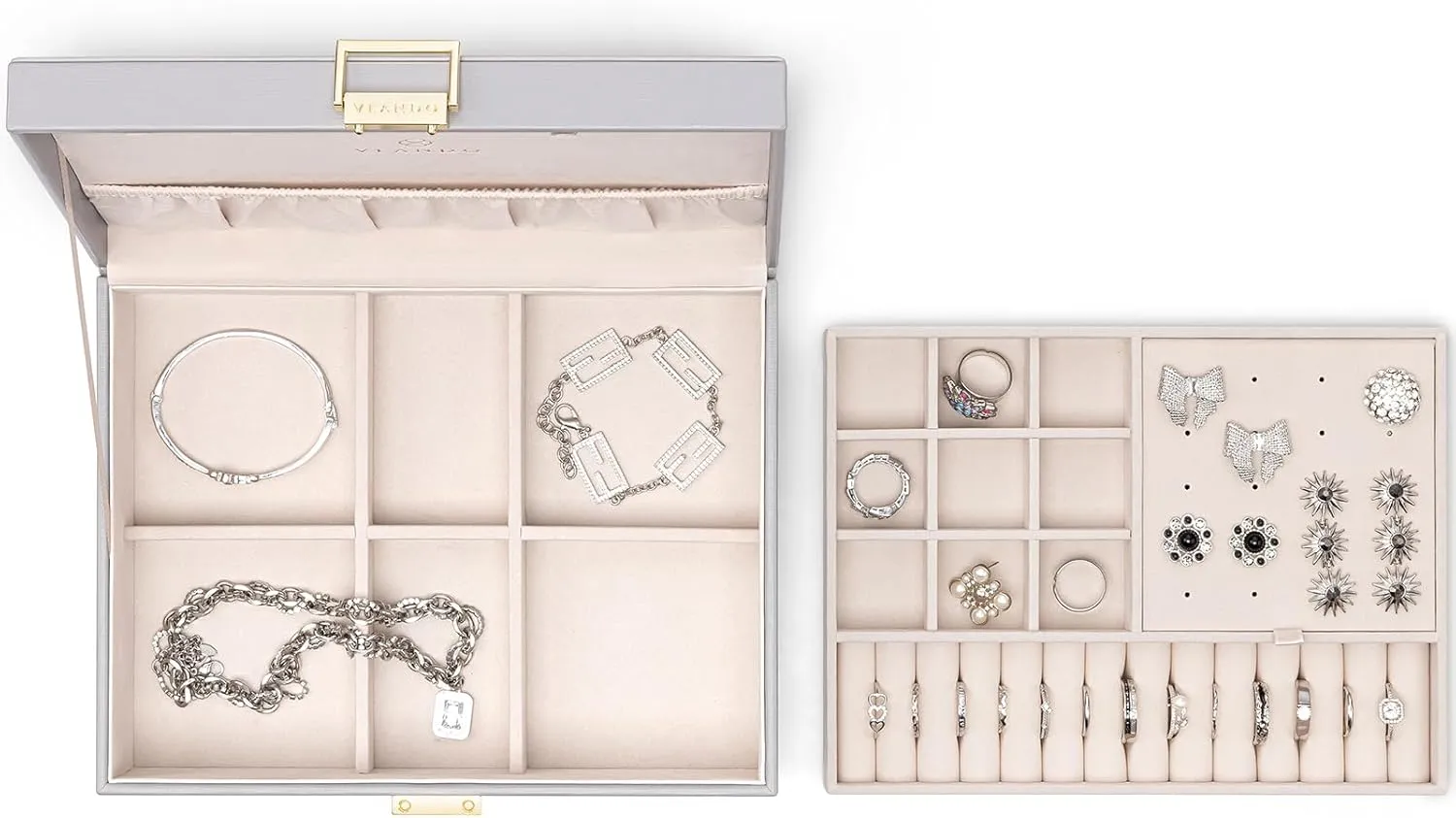 Vlando 2 Layer Jewelry Box Large Jewelry Organizer for Women Removable Jewelery Tray for Necklace Earrings Rings Bracelets Jewelry Boxes Christmas Birthday Gifts for Women(Grey)