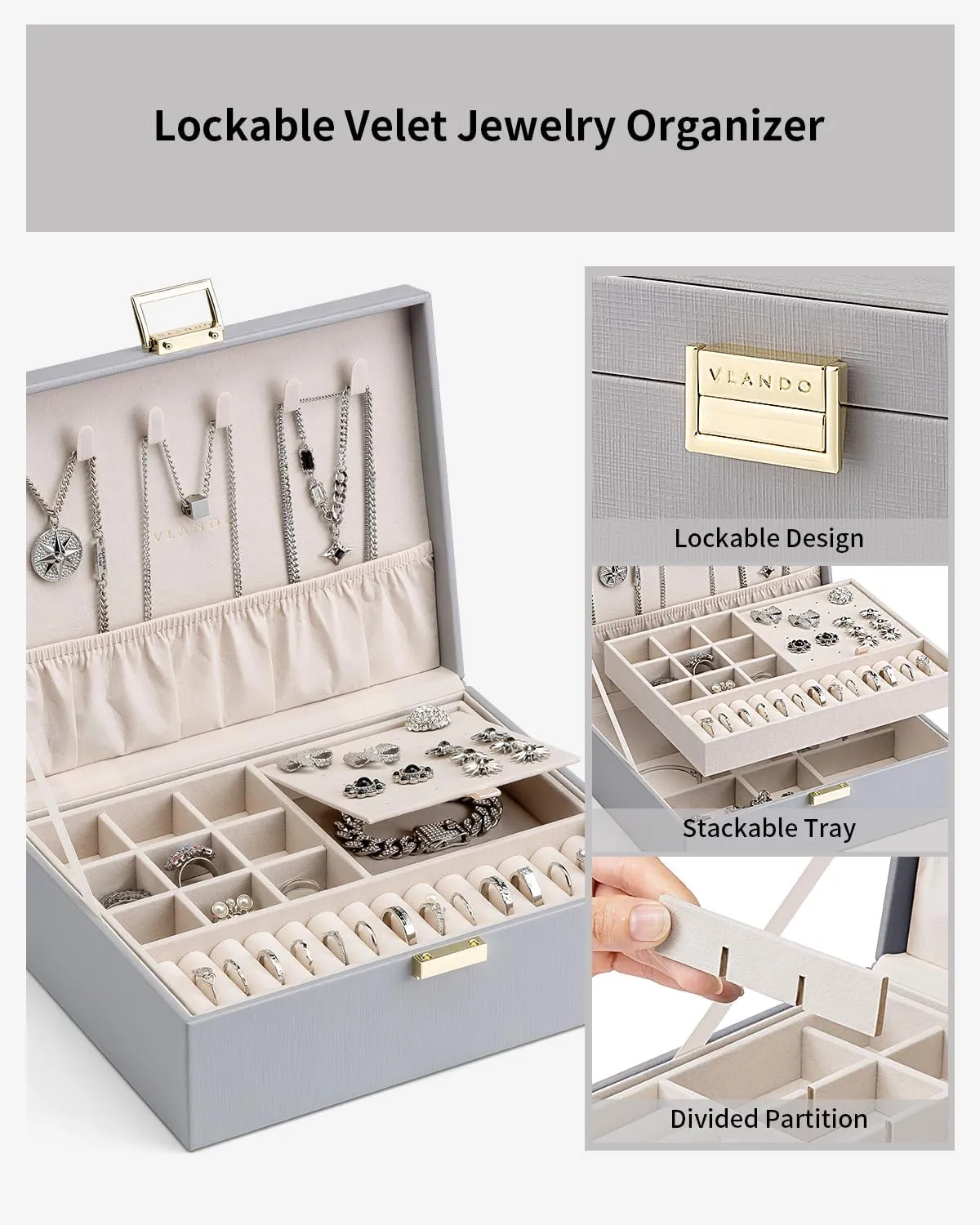 Vlando 2 Layer Jewelry Box Large Jewelry Organizer for Women Removable Jewelery Tray for Necklace Earrings Rings Bracelets Jewelry Boxes Christmas Birthday Gifts for Women(Grey)