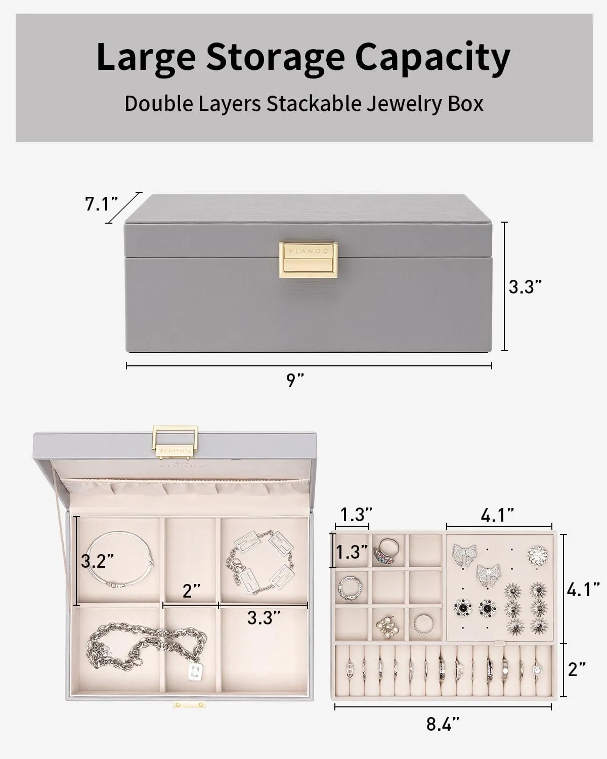 Vlando 2 Layer Jewelry Box Large Jewelry Organizer for Women Removable Jewelery Tray for Necklace Earrings Rings Bracelets Jewelry Boxes Christmas Birthday Gifts for Women(Grey)