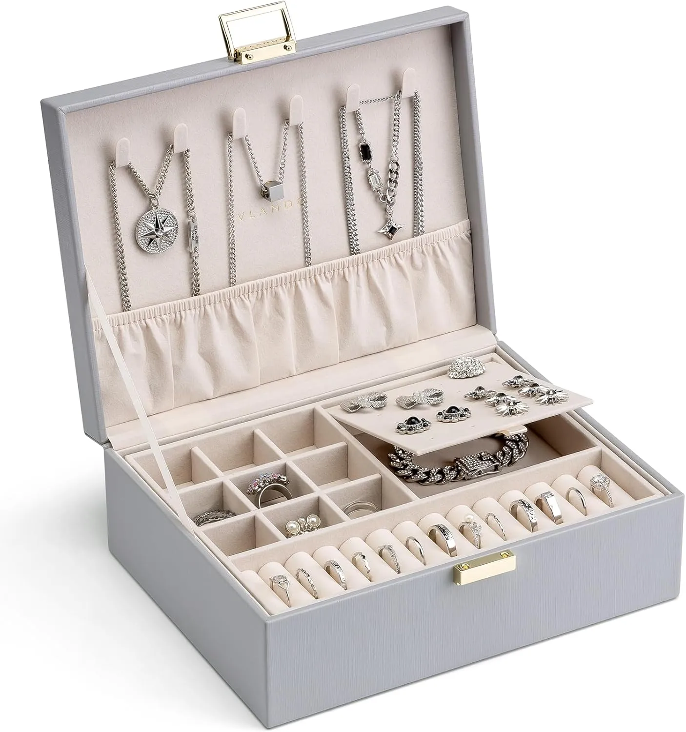 Vlando 2 Layer Jewelry Box Large Jewelry Organizer for Women Removable Jewelery Tray for Necklace Earrings Rings Bracelets Jewelry Boxes Christmas Birthday Gifts for Women(Grey)