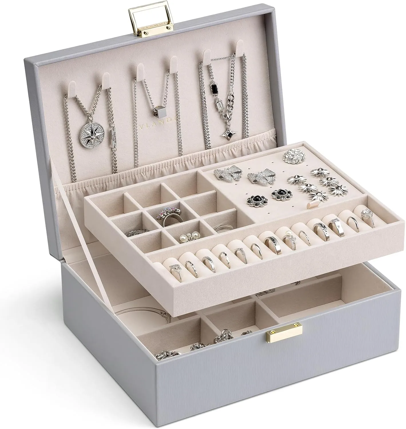 Vlando 2 Layer Jewelry Box Large Jewelry Organizer for Women Removable Jewelery Tray for Necklace Earrings Rings Bracelets Jewelry Boxes Christmas Birthday Gifts for Women(Grey)