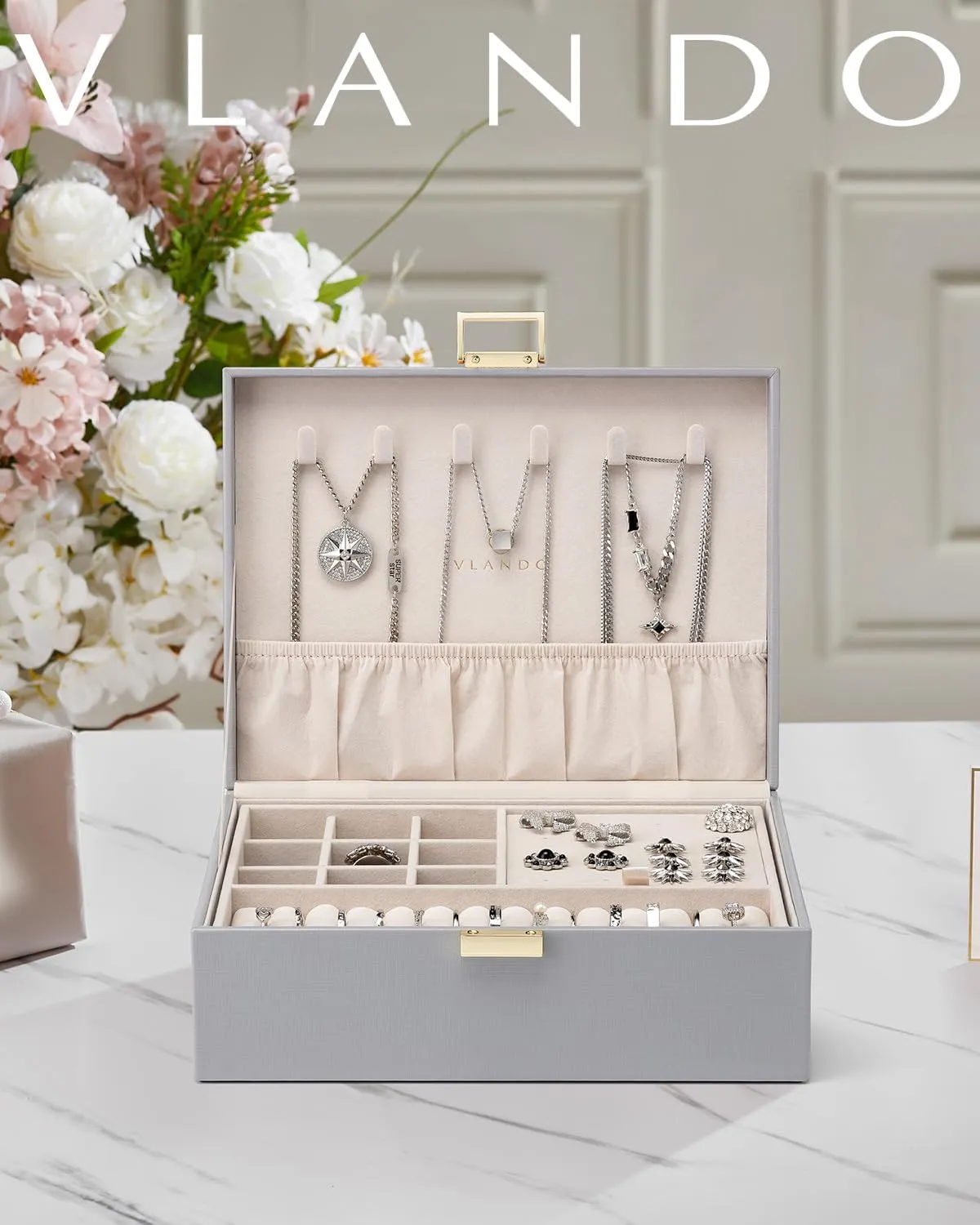 Vlando 2 Layer Jewelry Box Large Jewelry Organizer for Women Removable Jewelery Tray for Necklace Earrings Rings Bracelets Jewelry Boxes Christmas Birthday Gifts for Women(Grey)