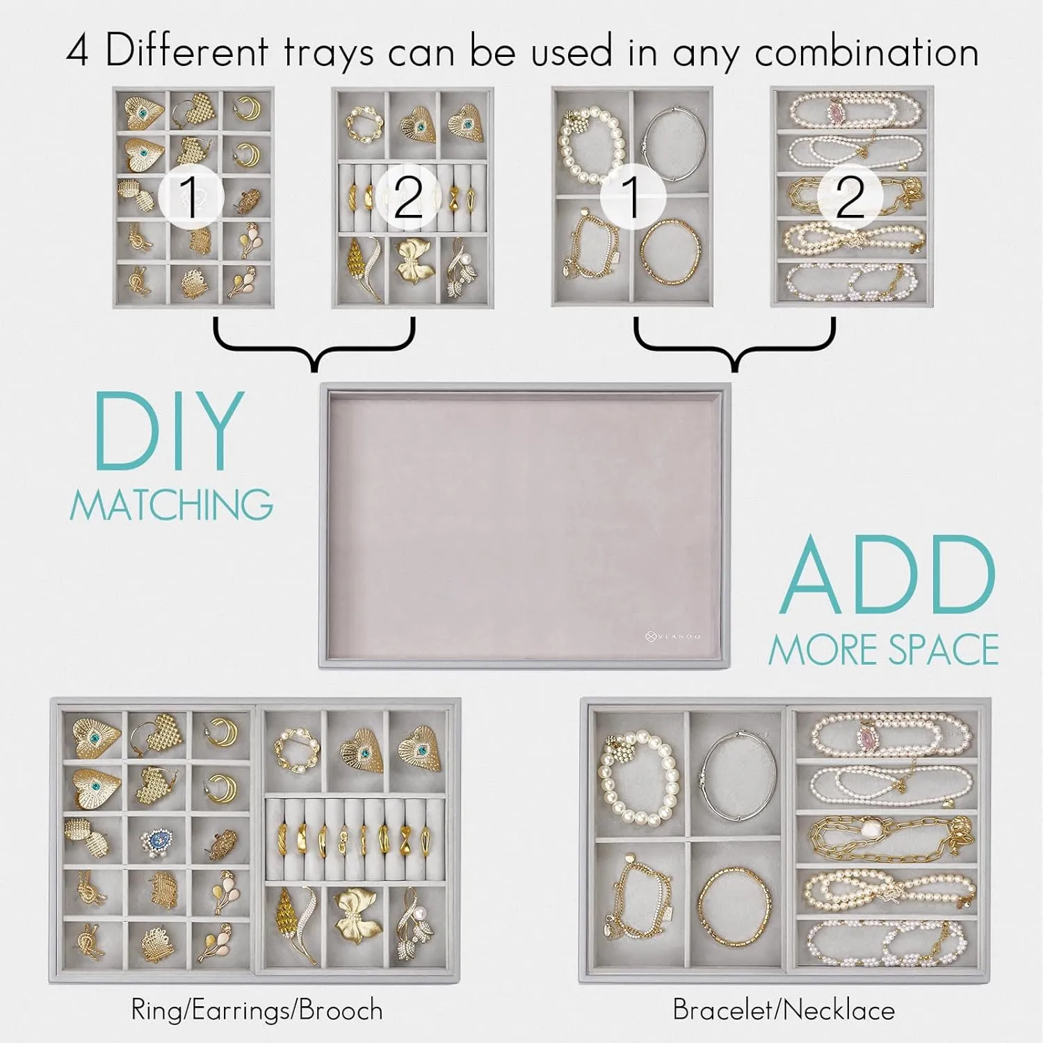Vlando 6 Grids & Rings Slot Jewelry Tray, Small Drawer Jewelry Organizer, Stackable Organizer Trays - Grey