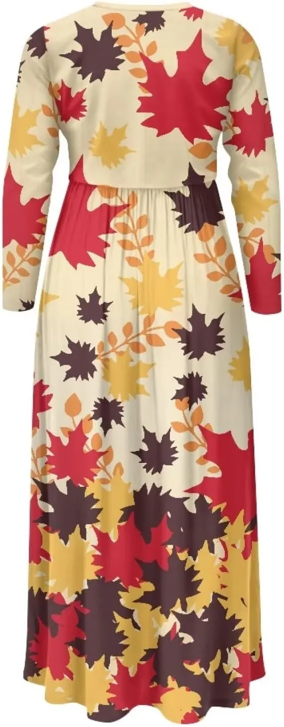 WELLFLYHOM Fall Dresses for Women Long Sleeve Maxi Dress Wedding Guests Dresses S-4XL Maple Leaf Sundress