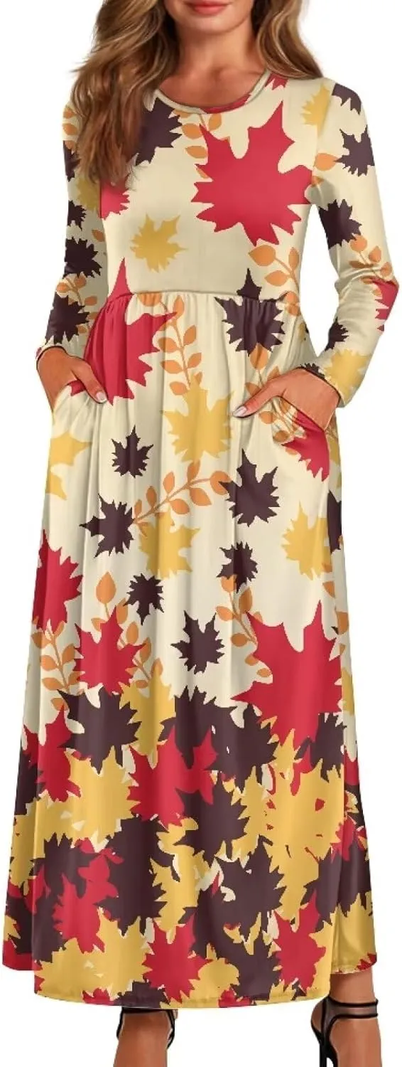 WELLFLYHOM Fall Dresses for Women Long Sleeve Maxi Dress Wedding Guests Dresses S-4XL Maple Leaf Sundress