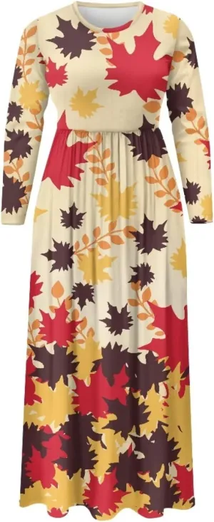 WELLFLYHOM Fall Dresses for Women Long Sleeve Maxi Dress Wedding Guests Dresses S-4XL Maple Leaf Sundress