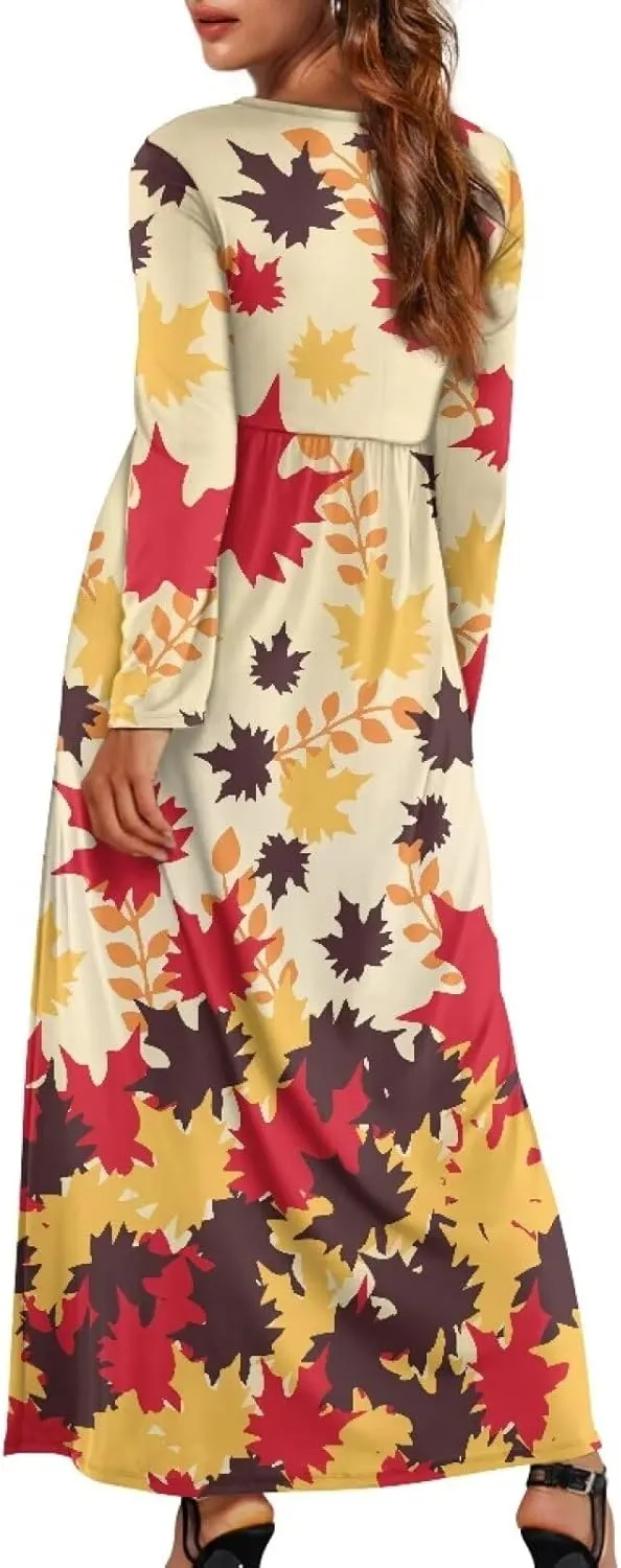 WELLFLYHOM Fall Dresses for Women Long Sleeve Maxi Dress Wedding Guests Dresses S-4XL Maple Leaf Sundress