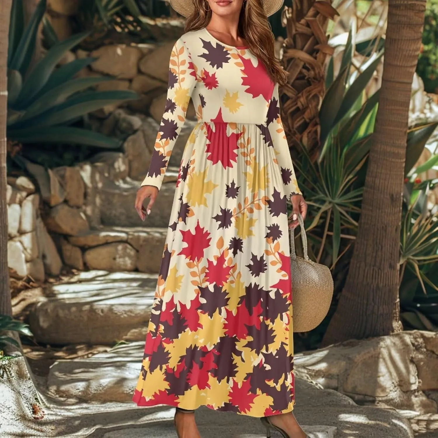 WELLFLYHOM Fall Dresses for Women Long Sleeve Maxi Dress Wedding Guests Dresses S-4XL Maple Leaf Sundress