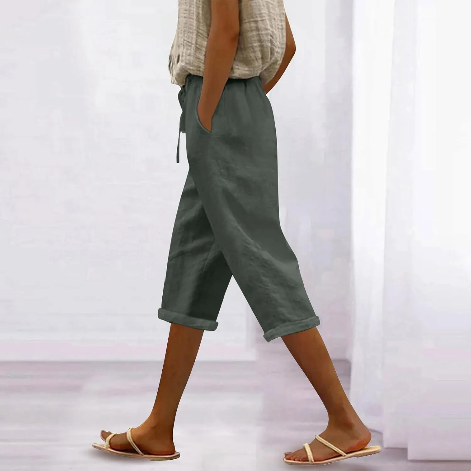 White Capris for Women Casual Drawstring Pants Women Capri Pants for Linen Pants for Women 2024 Capri Pants for