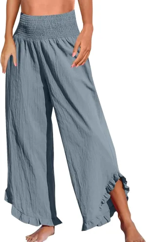 Wide Leg Linen Pants for Women Smocked Elastic Waist Ruffle Hem Palazzo Pants Lightweight Summer Casual Beach Trousers