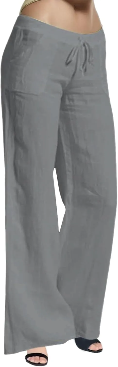 Wide Leg Pants for Woman Summer Linen Flowy Pants Preppy Aesthetics Pants Drawstring High Waisted Palazzo Pants with Pockets
