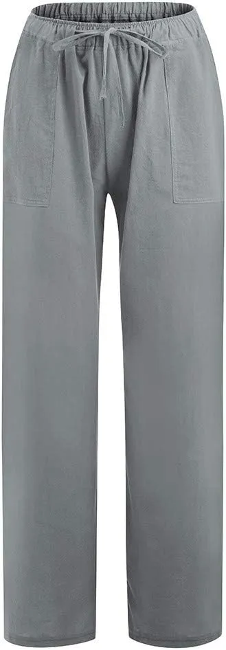 Wide Leg Pants for Woman Summer Linen Flowy Pants Preppy Aesthetics Pants Drawstring High Waisted Palazzo Pants with Pockets