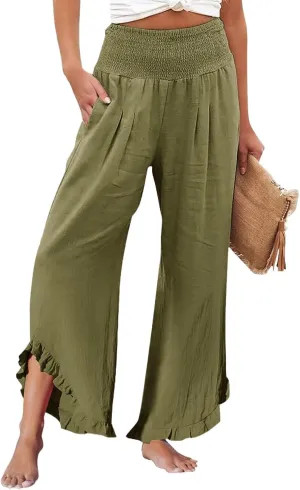 Wide Leg Pants for Women Elastic High Waisted Linen Pants Trendy Ruffle Hem Palazzo Pants Boho Summer Pants