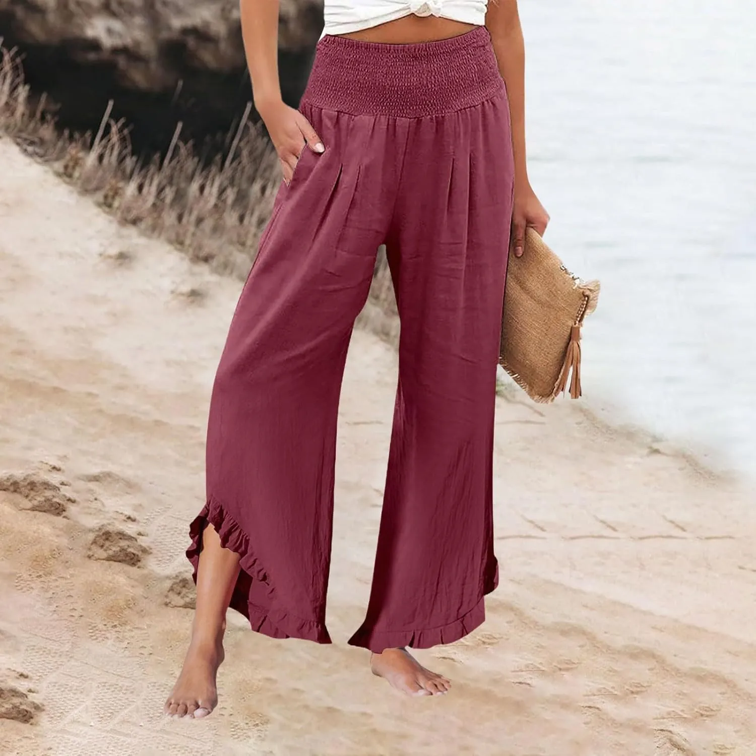 Wide Leg Pants for Women Elastic High Waisted Linen Pants Trendy Ruffle Hem Palazzo Pants Boho Summer Pants