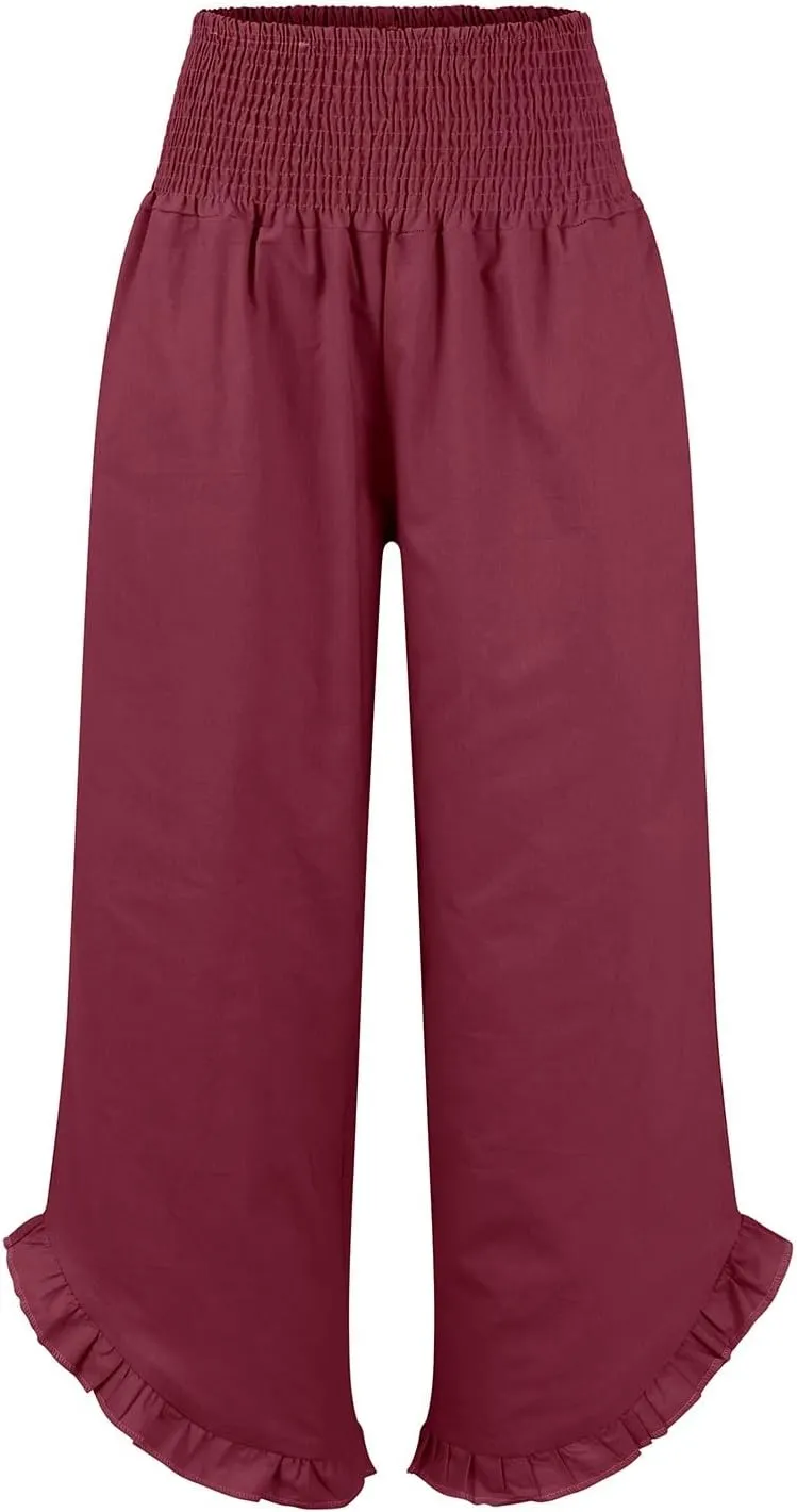 Wide Leg Pants for Women Elastic High Waisted Linen Pants Trendy Ruffle Hem Palazzo Pants Boho Summer Pants