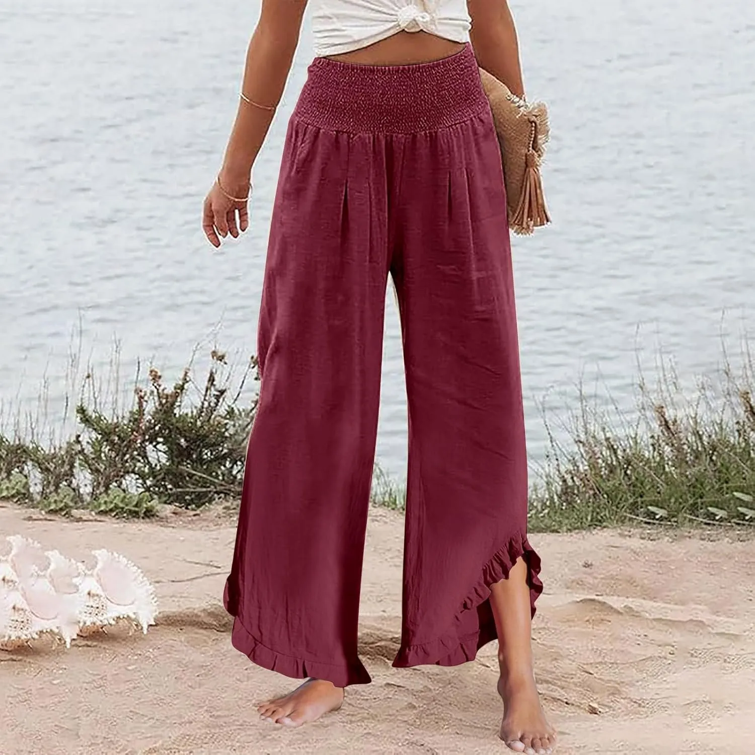 Wide Leg Pants for Women Elastic High Waisted Linen Pants Trendy Ruffle Hem Palazzo Pants Boho Summer Pants