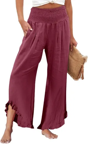 Wide Leg Pants for Women Elastic High Waisted Linen Pants Trendy Ruffle Hem Palazzo Pants Boho Summer Pants