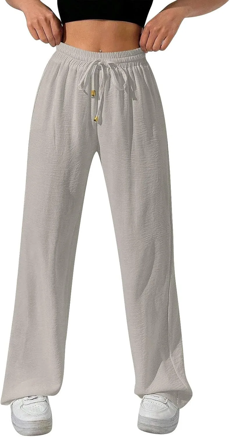 Wide Leg Pants Women Casual Linen Pants Drawstring Elastic Waist Summer Cute Pant Lounge Trouser with Pockets