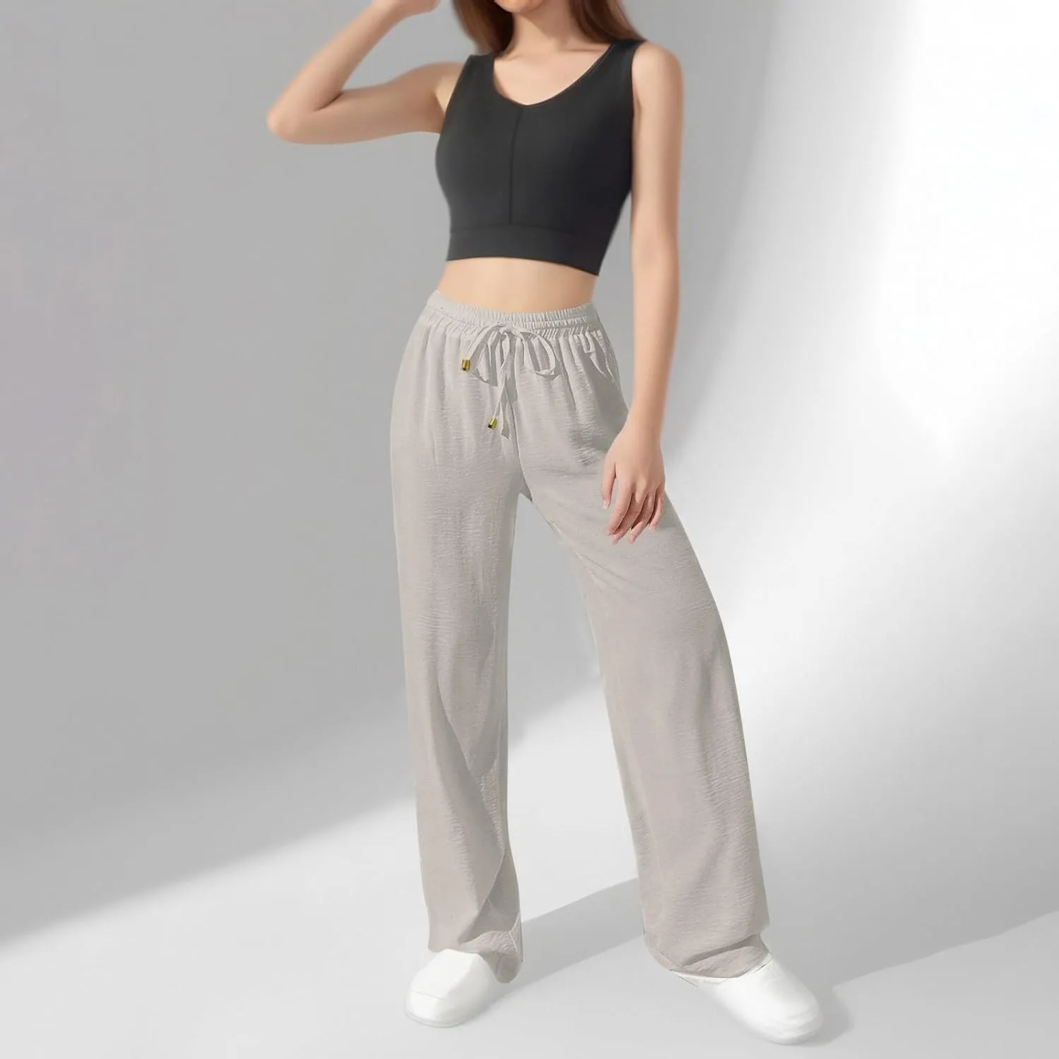 Wide Leg Pants Women Casual Linen Pants Drawstring Elastic Waist Summer Cute Pant Lounge Trouser with Pockets