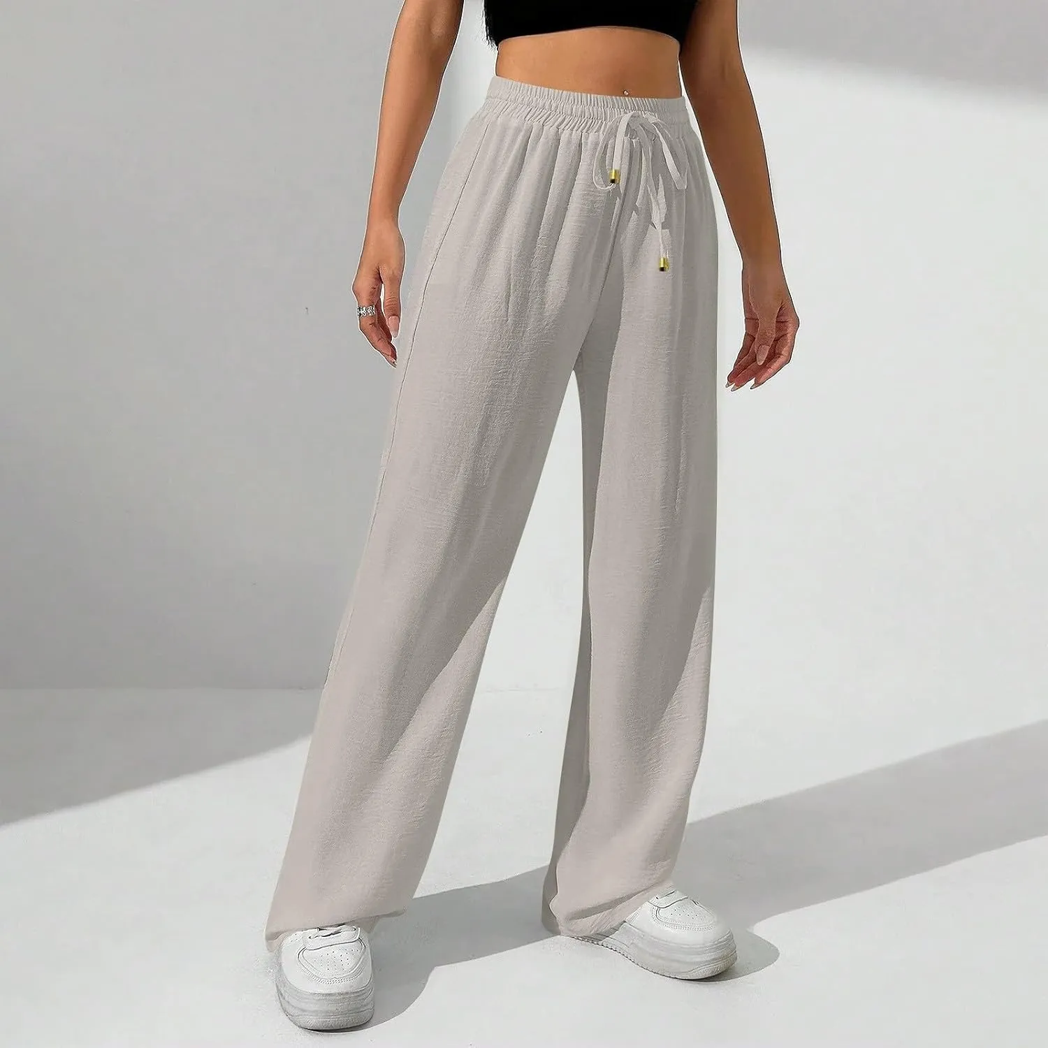 Wide Leg Pants Women Casual Linen Pants Drawstring Elastic Waist Summer Cute Pant Lounge Trouser with Pockets