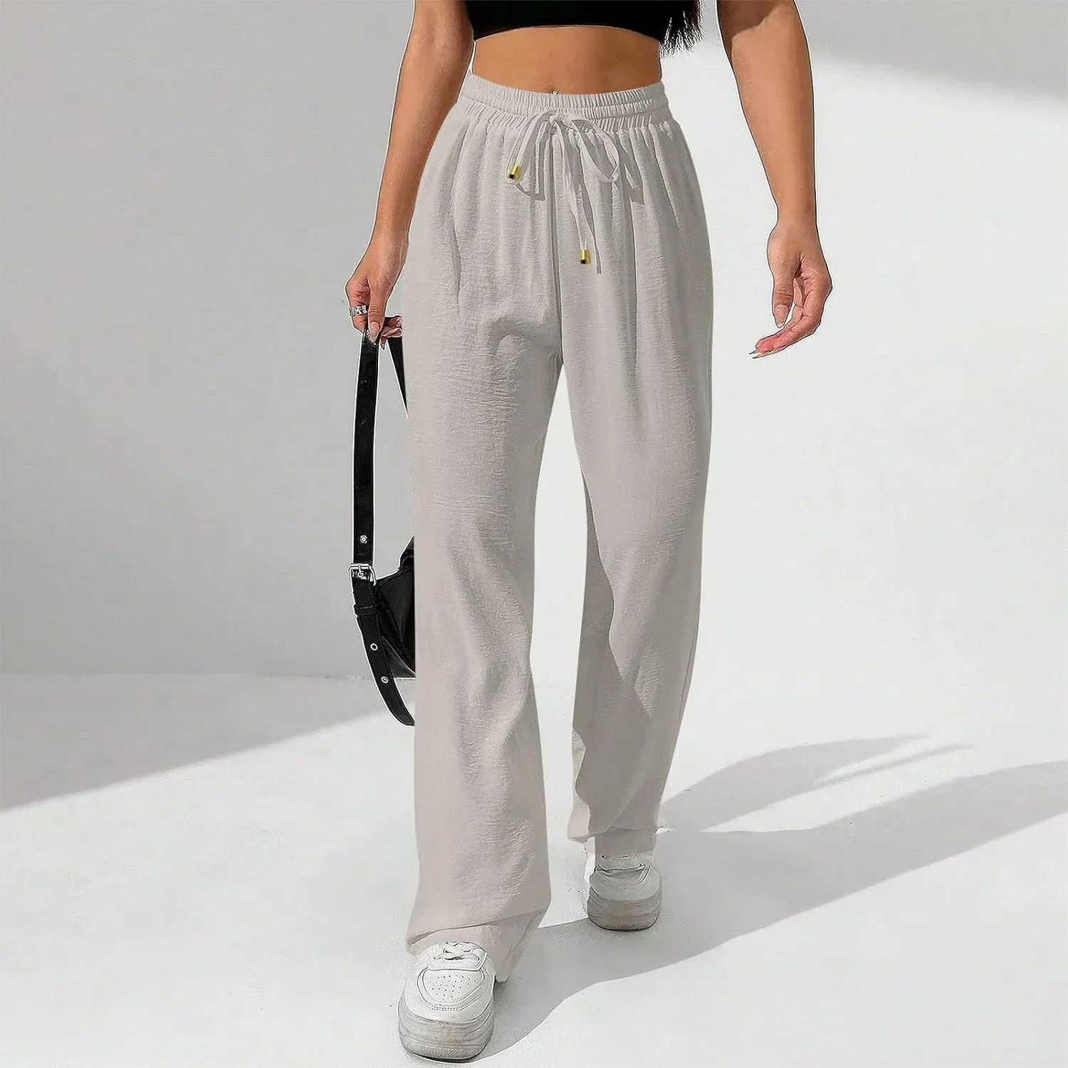 Wide Leg Pants Women Casual Linen Pants Drawstring Elastic Waist Summer Cute Pant Lounge Trouser with Pockets