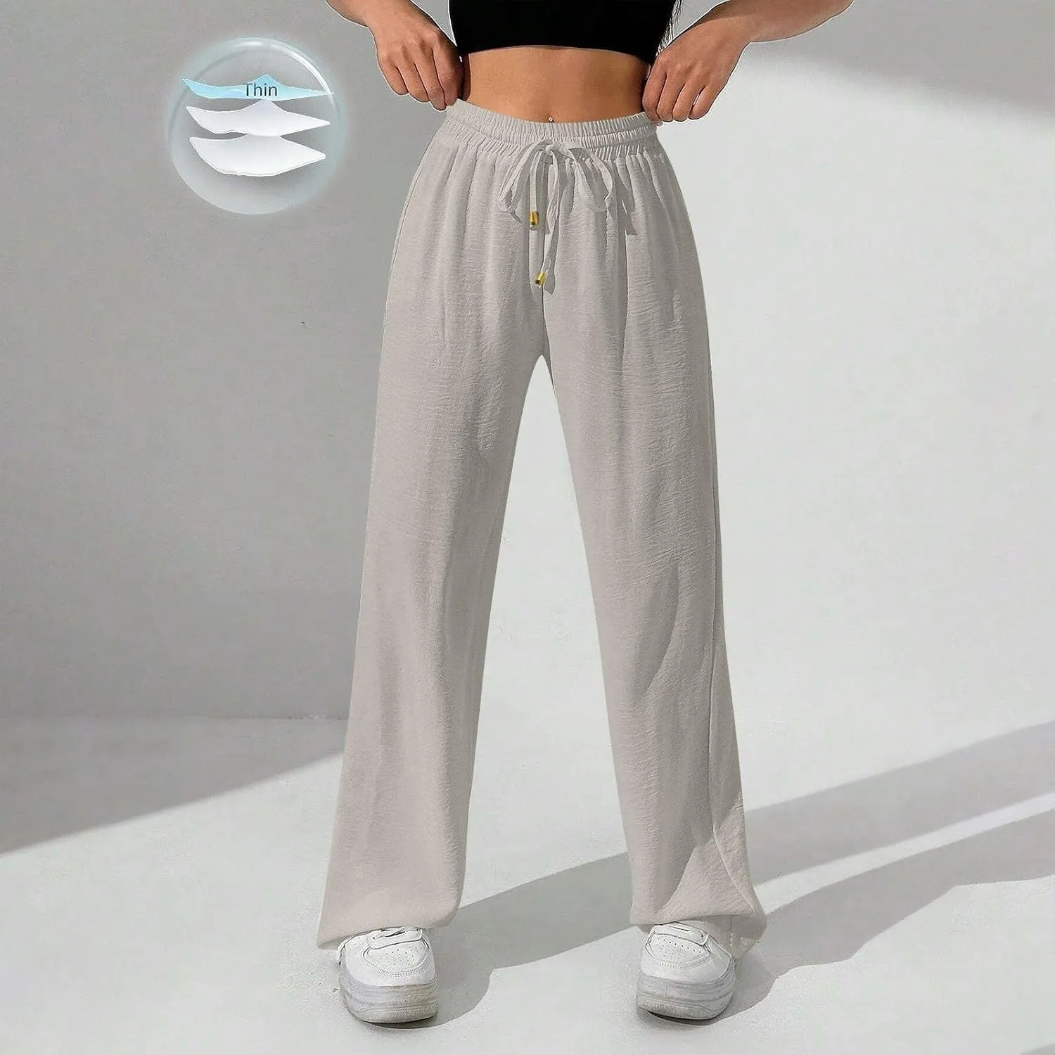 Wide Leg Pants Women Casual Linen Pants Drawstring Elastic Waist Summer Cute Pant Lounge Trouser with Pockets